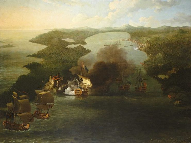 Bombing of Puerto Bello forts by the fleet of British Admiral Vernon, November 22, 1739.