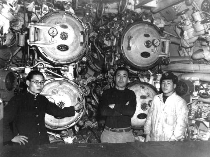 The forward torpedo room of I-58 while at Sasebo in 1946 just before the submarine was scuttled.