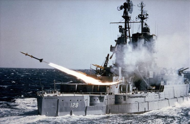The U.S. Navy auxiliary USS Mississippi (EAG-128) fires an SAM-N-7 Terrier surface-to-air missile