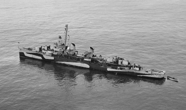 The U.S. Navy destroyer USS William D. Porter (DD-579) off Attu, Aleutian Islands, 9 June 1944. Her camouflage is Measure 32, Design 14d.