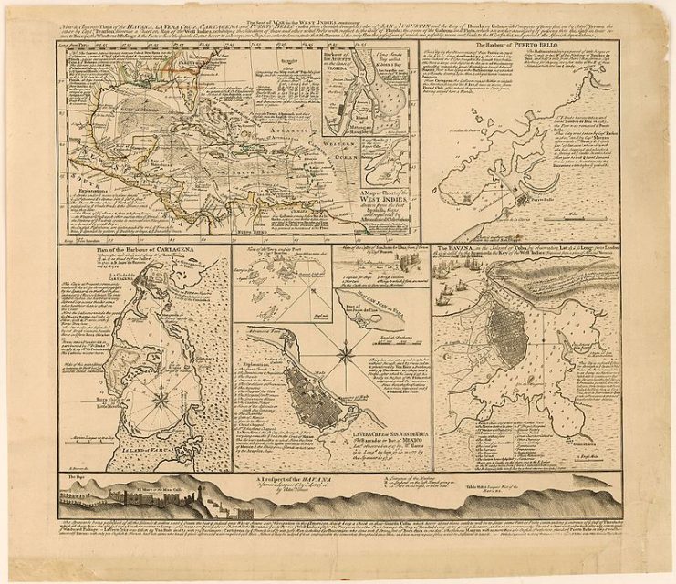 English map published in 1740 to build support for the ongoing war against Spain and to incite to the conquest of Havana. This city’s plan and view are based in part on Vernon’s sketches.