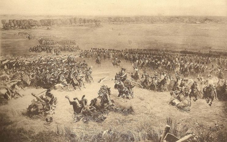 This image shows the Polish and French cavalry at Waterloo. Napoleon can be seen on his white horse in the middle, just below the tree line.