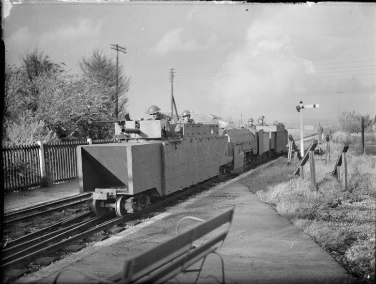 Troops from the Somerset Light Infantry man an armored train on the Romney, Hythe and Dymchurch miniature railway in Kent, 14 October 1940.