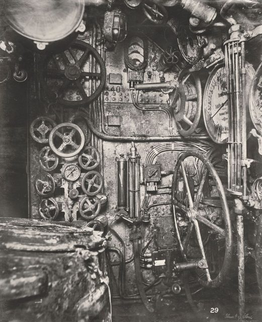 U-Boat 110, a German Submarine – the Control Room looking forward, showing the Submarine’s Hydroplane gear, depth gauges and oil fuel tank gauges.