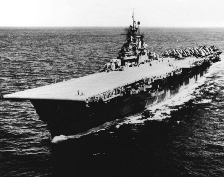 The U.S. Navy aircraft carrier USS Bunker Hill (CV-17) at sea in 1945.