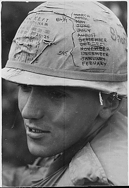Vietnam….A Sky Trooper from the 1st Cavalry Division (Airmobile) keeps track of the time he has left on his ‘short time’ helmet, while participating in Operation Pershing, near Bong Son.