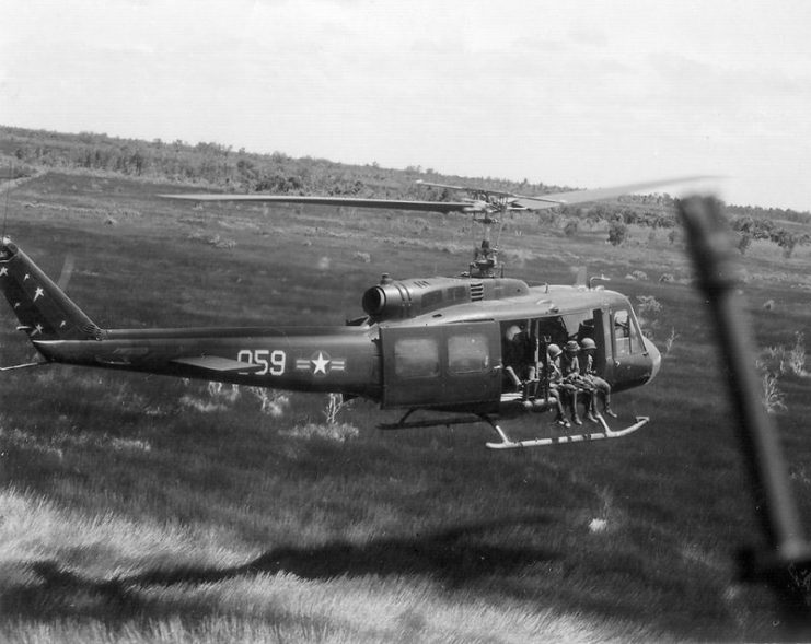 Republic of Vietnam Air Force (VNAF) UH-1H lands during a combat mission in Southeast Asia in 1970