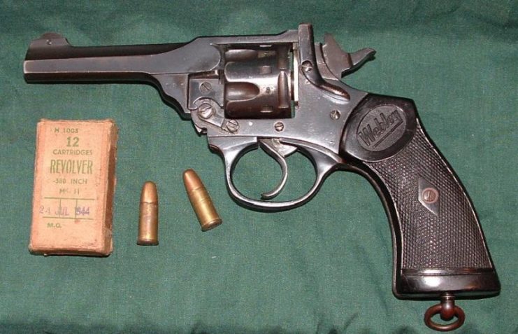 A Webley Mk IV .38/200 Service Revolver, with a box of WWII dated .380″ Revolver Mk IIz cartridges. Photo: Commander Zulu, July 2006