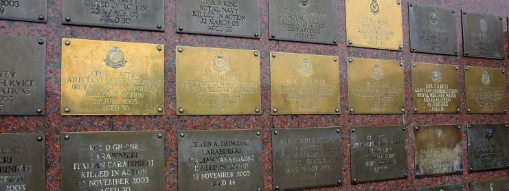 The plates of the six RMPs on the Basra memorial wall at the NMA