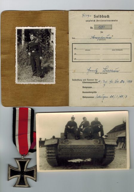 A Soldbuch (German ID) along with his Iron Cross bravery medal and photo. This soldier took part in Operation Doppelkopf as a member of the Panzer contingent of the GD. (Kostka Collection 2019)