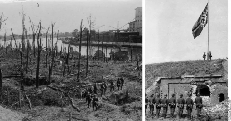 Left: Westerplatte in the aftermath of the German siege. Right: Reichskriegsflagge on Westerplatte. Bundesarchiv – CC-BY-SA 3.0.