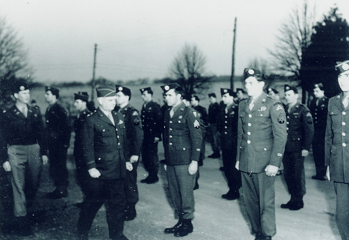 General William J. Donovan reviews Operational Group members in Bethesda, Maryland prior to their departure for China in 1945.