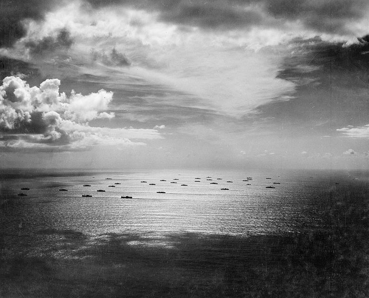 A convoy moves eastward across Atlantic bound for Casablanca, Africa, ca. November 1942.