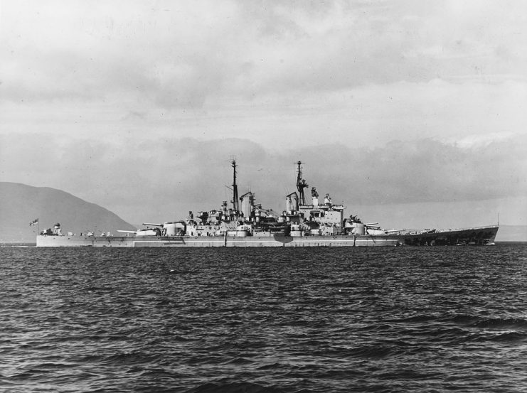The Royal Navy battleship HMS Vanguard (23) underway, circa 1946-1948.