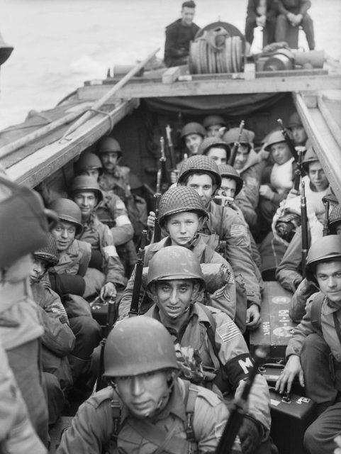 American troops on board a landing craft heading for the beaches at Oran in Algeria during Operation ‘Torch’, November 1942.