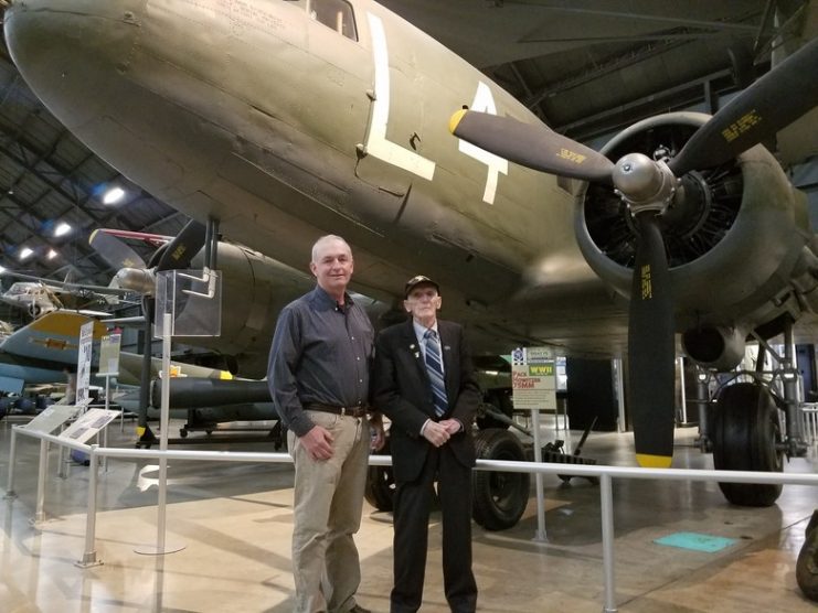 Air Force Research Laboratory Aerospace Systems Directorate employee Kevin Price (left) and World War II veteran Jim “Pee Wee” Martin. (U.S. Air Force Photo/Holly Jordan)