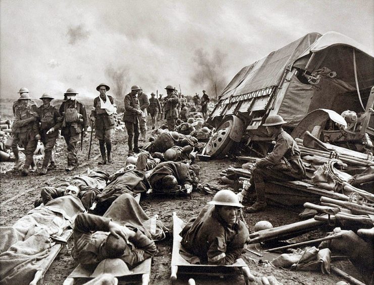 Wounded men at the side of a road after the Battle of Menin Road, 1917