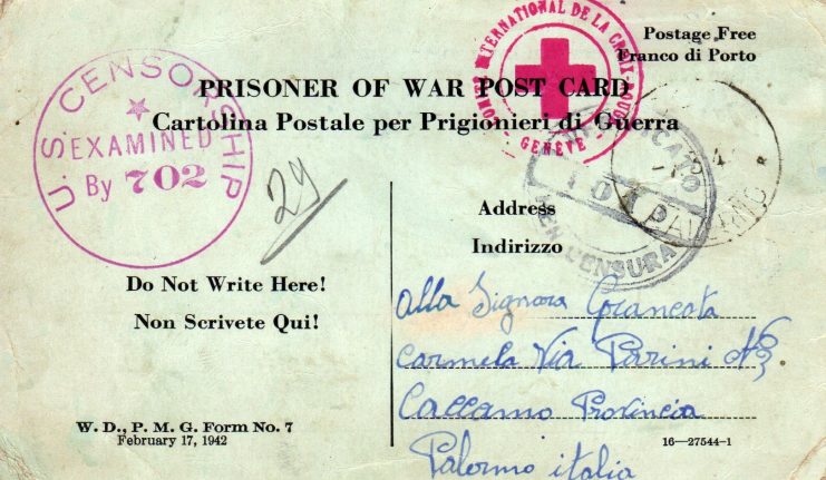 Prisoners of war such as Sesenna sent postcards such as this back to their families to inform them where they were being held, their mailing address and their physical condition. This card was sent from an Italian POW being held in at Camp Clark in WWII. Courtesy of Jeremy Amick 