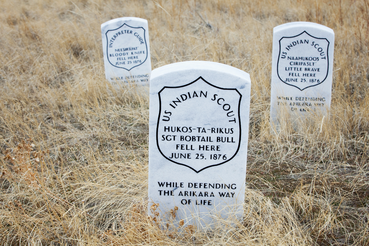  Indian scout death markers at Little Bighorn Battlefield marking the location where they fell. The Battle of the Little 