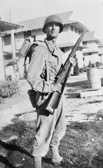 Amick is pictured during his initial training at Camp Wolters, Texas, in 1943. He entered France through Omaha Beach in late July 1944. Courtesy of Joanne Amick Comer