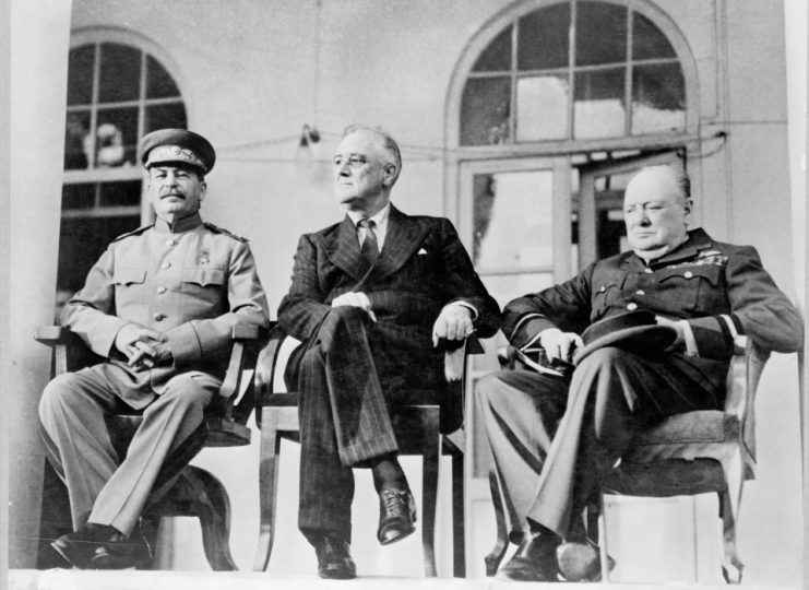 Soviet premier Joseph Stalin, US president Franklin Delano Roosevelt, and british Prime Minister Winston Churchill (left to right) at the Teheran Conference, 1943. (Library of Congress, LC-USZ62-32833.)