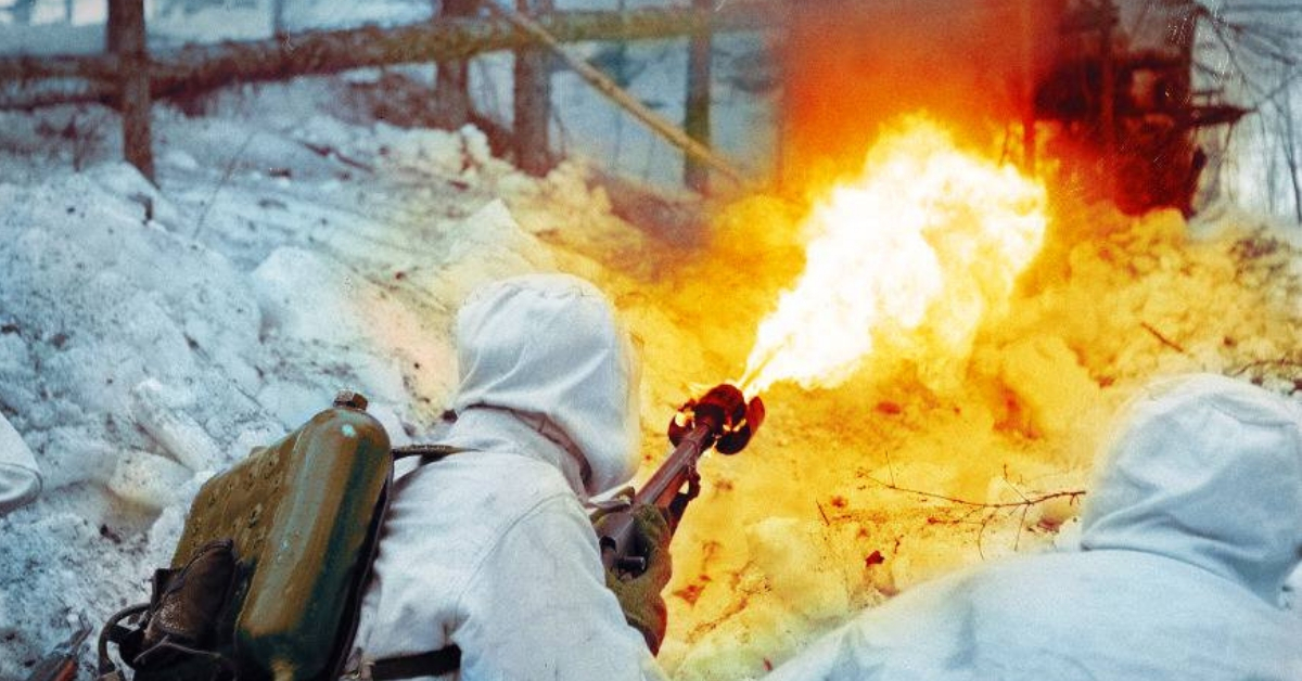 Captured flame-thrower M/41R in use of Finnish Army sappers in July 1941. Photo taken during strike team excercise of jaeger engineer platoon in Aunus Carelia March of 1943. Photo: SA-Kuva. Colorized by Jecinci.