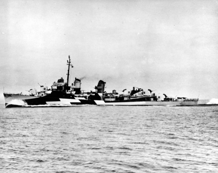 USS Johnston (DD 557), port side view of ship underway in 1944.