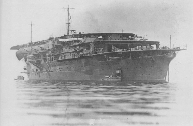 Imperial Japanese Navy aircraft carrier Kaga anchored off Ikari, Japan sometime in 1930.