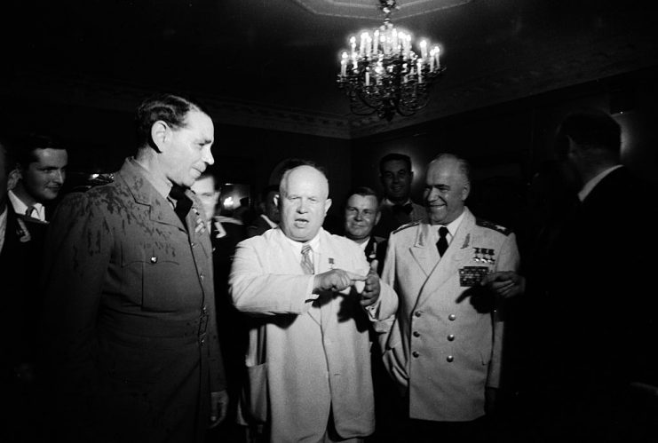 Two of the men most responsible for the Allied victory in World War Two, Soviet Premier Nikita S. Khrushchev (1894 – 1971) (center) and Marshal Georgi K. Zhukov (1896 – 1974) (right) talk to British Air Chief Marshal Sir Ronald Ivelaw-Chapman (1899 – 1978) during the Moscow air show, June 1956. (Photo by Lisa Larsen/The LIFE Picture Collection via Getty Images)