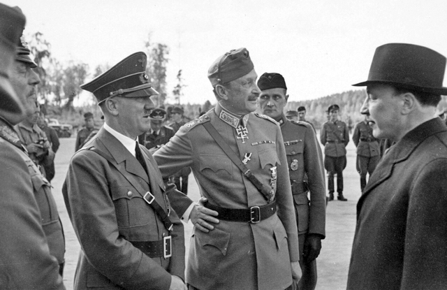 Discussion with Hitler, Marshal Mannerheim and President Ryti. Hitler visited Mannerheim on his 75th birthday.