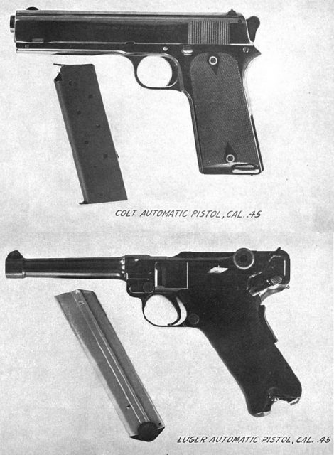 The .45 ACP Luger, and the Colt model 1905 pistols, submitted for testing by the US War Department.