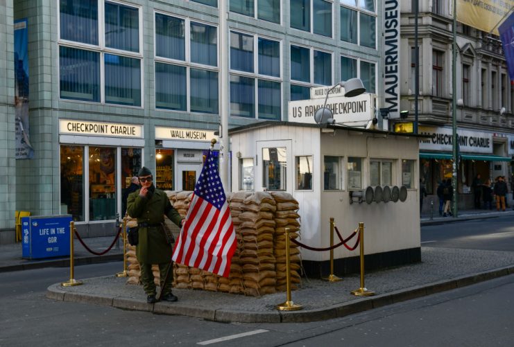 Barrack, house in the checkpoint Charlie, middle, Berlin, Germany, Baracke, Haus am Checkpoint Charlie. GETTY.
