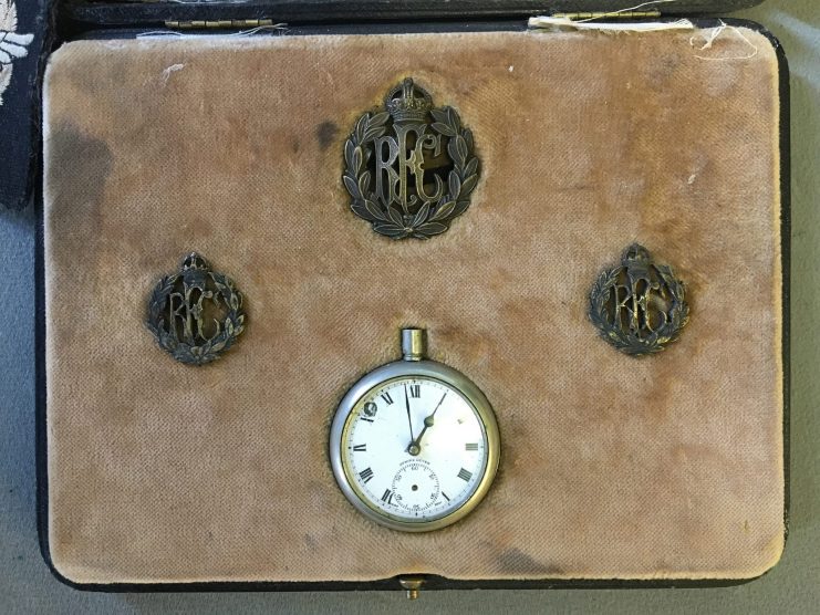 The watch and RFC badges that belonged to doomed WW1 pilot Eric Waters, which are being sold at Rowley’s Auction House in Ely, Cambs