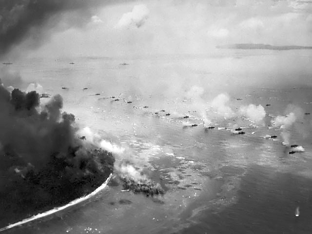 The first wave of U.S. Marines in LVTs during the invasion of Peleliu on September 15, 1944