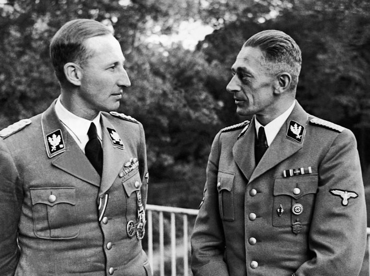 SS-Obergruppenführers Reinhard Heydrich (1904 – 1942, left) and Karl Hermann Frank (1898 – 1946), Prague, Czechoslovakia, September 1941. Getty Images.