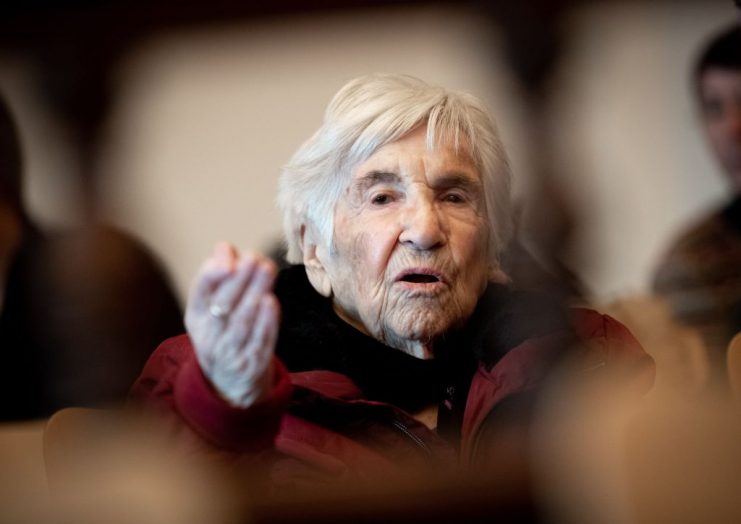 Holocaust survivor Esther Bejarano attends a session of a trial against former SS guard Bruno Dey. GETTY
