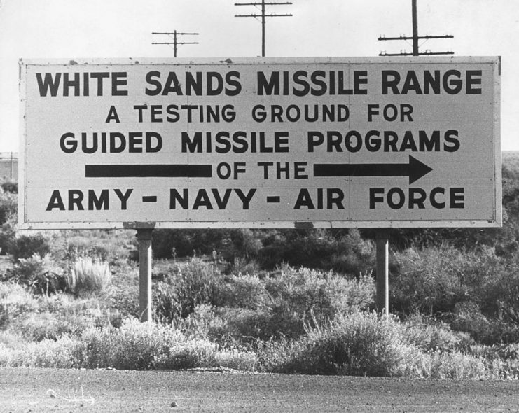 September 1963: A sign indicating the direction of the White Sands Missile Range in Alamagordo, New Mexico. (Photo by Keystone Features/Getty Images)
