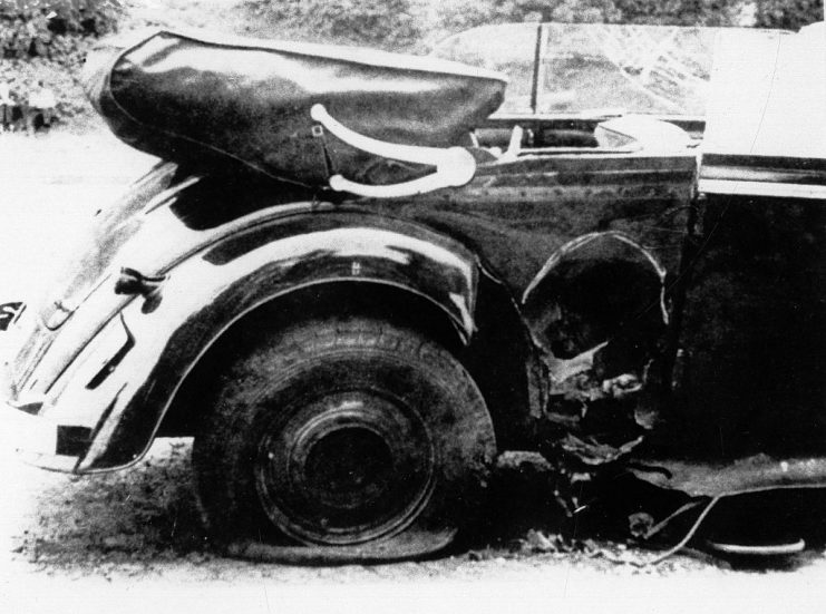 The car Heydrich was driving in Prague, Czechoslovakia, when he was mortally wounded by a grenade thrown by Czech partisans, 4 June 1942.  GETTY.