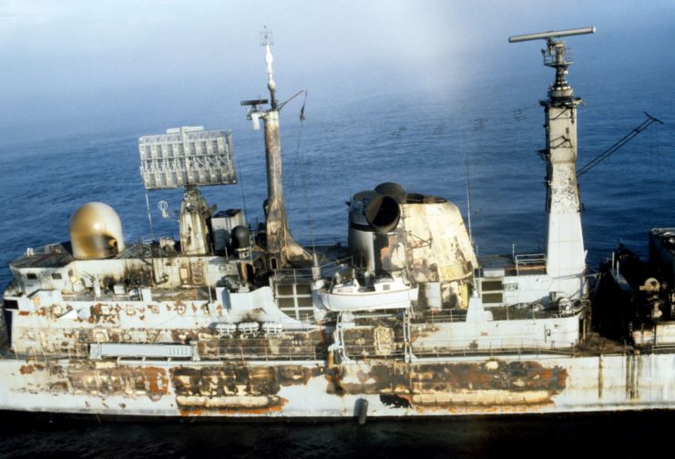 HMS Sheffield after being hit by an Argentine Exocet missile in the South Atlantic. (Photo by Martin Cleaver – PA Images/PA Images via Getty Images)
