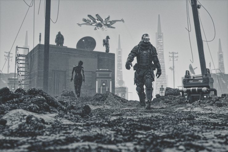 US Army Mercenary cyborg walking in futuristic apocalypse city ruins.