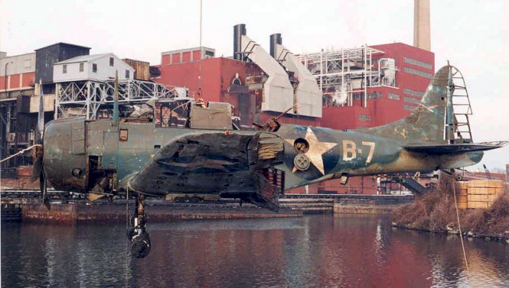 The SBD in this picture ditched in Lake Michigan while attempting to land aboard USS Sable (IX-81), 1943; recovered from Lake Michigan, 1994.