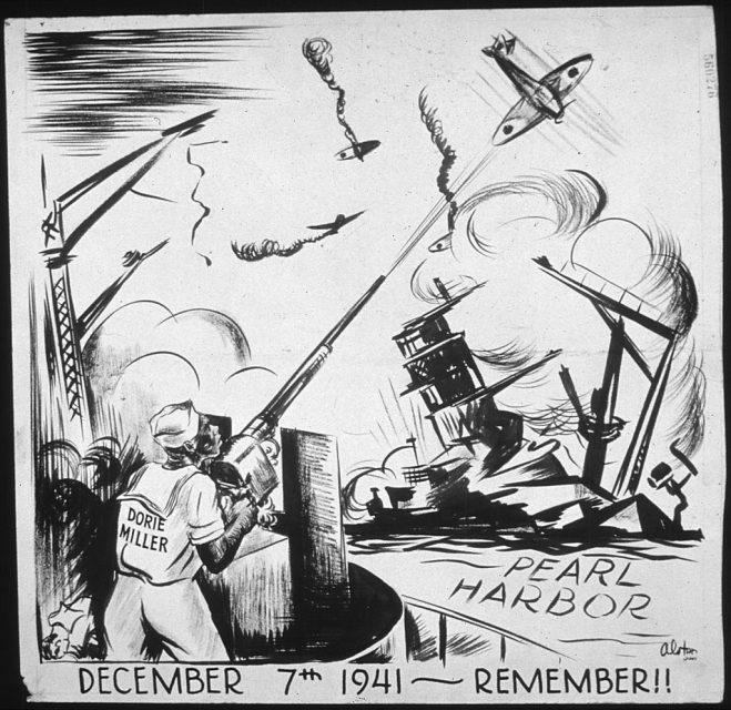 Illustration of Miller defending the fleet at Pearl Harbor