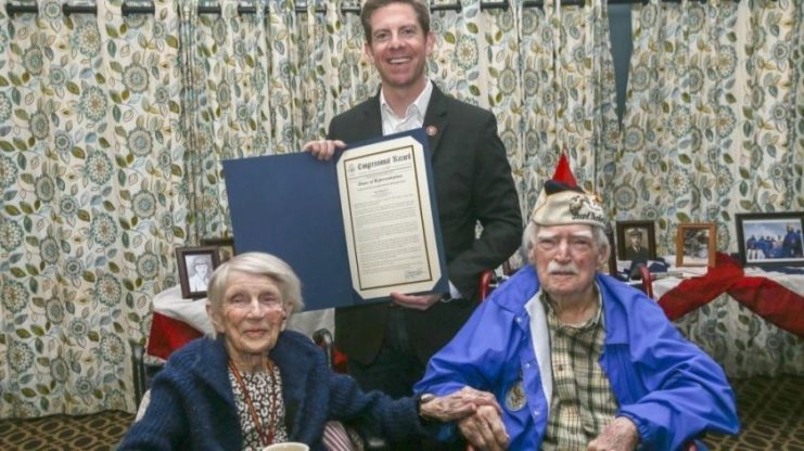 U.S. Rep. Mike Levin holds the congressional record recognizing married Marine veterans LaVonne “Bea” Walsh, 95, and Pearl Harbor vet Joe Walsh, 100, on Joe’s 100th birthday in March.(U.S. Marine Corps)