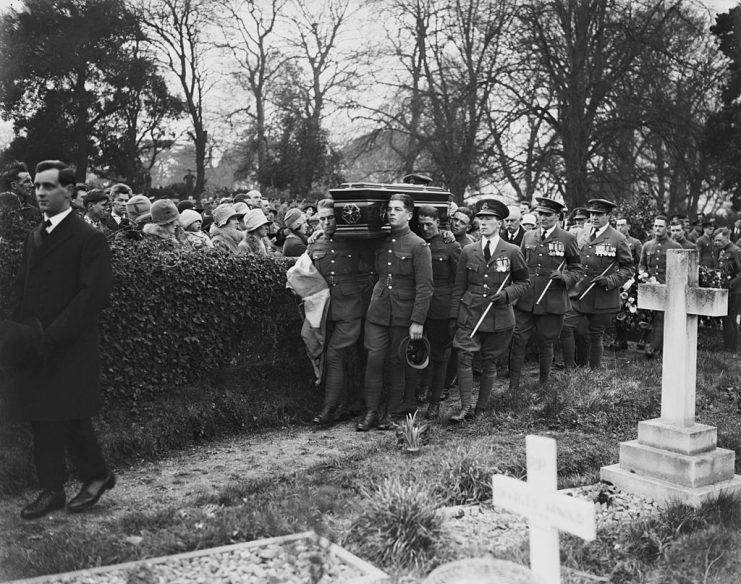 The funeral of Flight Lieutenant Samuel Marcus Kinkead at Calshot, March 1928. Kinkead died during an air speed record attempt on 12th March, when his Napier Supermarine S.5 seaplane crashed into the sea. (Photo by Central Press/Hulton Archive/Getty Images)