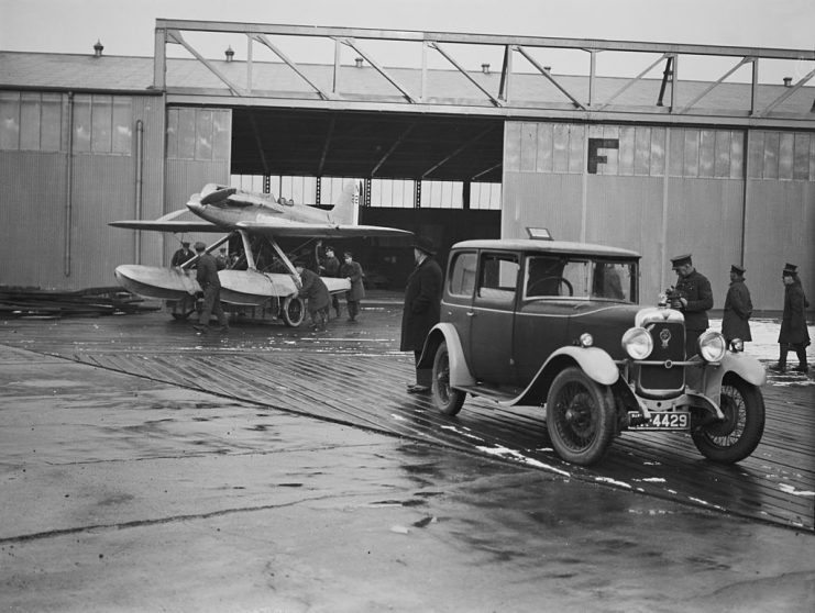 Flight Lieutenant Samuel Marcus Kinkead’s Napier Supermarine S.5 leaves the hangar at Calshot Seaplane Station, prior to his air speed record attempt, 12th March 1928. Kinkead died the same day, when the plane crashed into the sea. (Photo by H. F. Davis/Topical Press Agency/Hulton Archive/Getty Images)