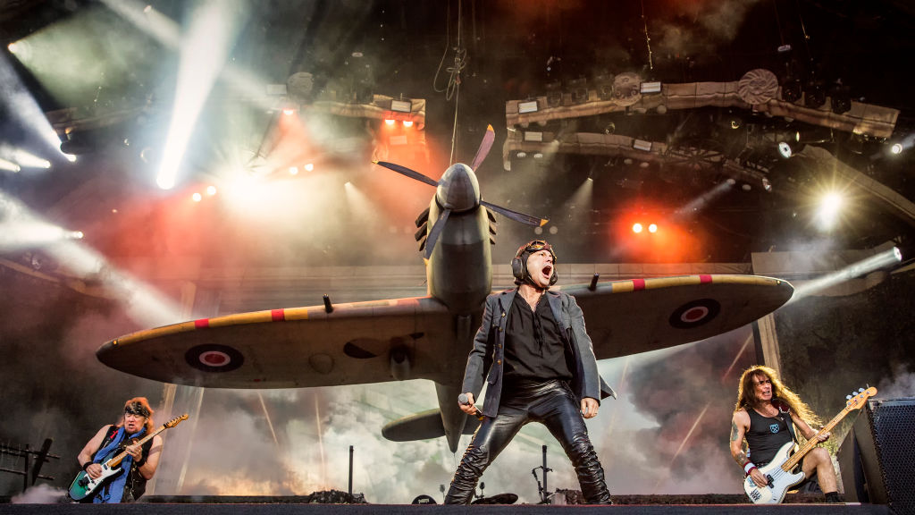 Sweden, Solvesborg - June 07, 2018. Iron Maiden, the English heavy metal band, performs a live concert during the Swedish music festival Sweden Rock Festival 2018. Here vocalist Bruce Dickinson is seen live on stage. (Photo by: Gonzales Photo/Terje Dokken/PYMCA/Avalon/Universal Images Group via Getty Images)