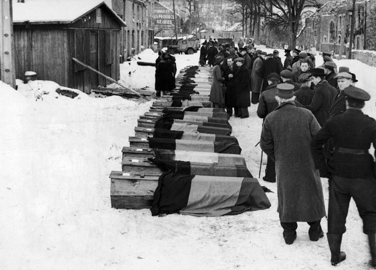 BELGIUM – JANUARY 01: In 1944 The Coffins Of 34 Young Belgian Resistance Fighters, Executed With A Shot To The Neck By The German Army, Are Lined Up And Covered With The National Flag In A Belgian Village. (Photo by Keystone-France/Gamma-Keystone via Getty Images)