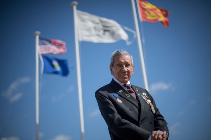 World War II veteran Charles Norman Shay, a Penobscot Native American, who took part in the Operation Overlord (Battle of Normandy) during the D-Day on June 6, 1944, poses at the Charles Shay Indian Memorial on May 4, 2019 in Omaha Beach, western France.  LOIC VENANCE/AFP via Getty Images