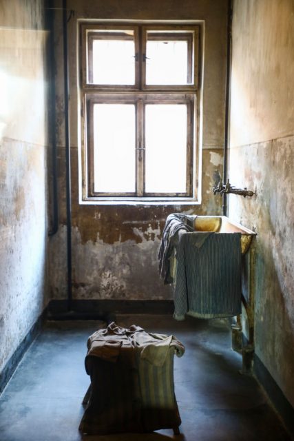 The washroom where women stripped before execution is displayed at the Museum of the former Nazi German Auschwitz I concentration and extermination camp in Oswiecim,  (Photo by Beata Zawrzel/NurPhoto via Getty Images)