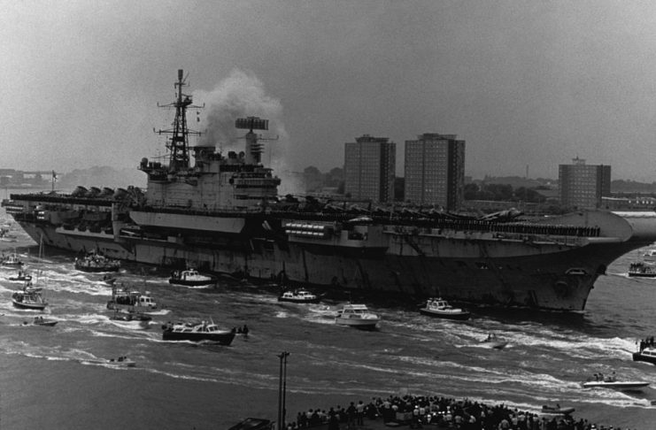 HMS Hermes Returns To Portsmouth, 21 July 1982: Photographs By Royal Navy Official Photographers, HMS HERMES returns to Portsmouth from the Falklands, 21 July 1982. (Photo by Crown Copyright/ Imperial War Museums via Getty Images)